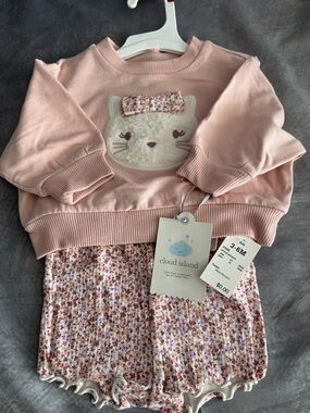 cloud island Pink Kitty Pullover with Floral Bubble Romper